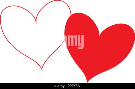 White heart with red outline contour and red fill heart partly overlapping and isolated in a white transparent background. Vector illustration. Stock Vector