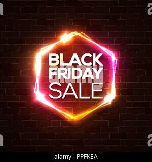 Black Friday design. Neon sign. Web hexagonal logo, emblem label. Hexagon geometric shape. Electric led neon signage with text. Discount shopping banner. Bright vector illustration on brick background Stock Vector