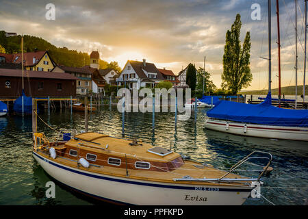 Harbor and sunset, Bodman, Lake Constance, Landkreis Konstanz, Baden-Württemberg, Germany Stock Photo