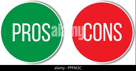 Pros and cons assessment analysis red left green right word text on buttons in empty white background. Simple concept for advantages disadvantages in  Stock Vector