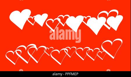 Lines of repeating white hearts filled or only outline contours isolated in a red colour background in banner wide format. Vector illustration. Stock Vector