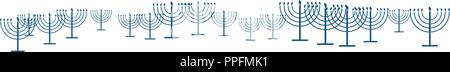 Happy Hanukkah template banner as repeat pattern of simple outline Hanukkah menorah with burning candles in blue with empty white transparent backgrou Stock Vector