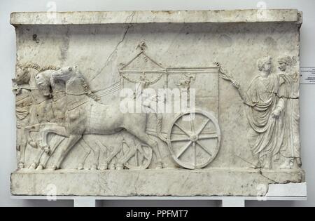 Roman relief from a commemorative monument of the Battle of Actium (31 BC). Detail of a processional scene. Early Imperial Age. Marble. Museum of Fine Arts. Budapest. Hungary.