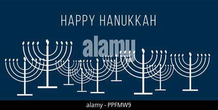 Happy Hanukkah text and repeat pattern of simple outline Hanukkah menorah with burning candles in white color with empty dark blue background for holi Stock Vector