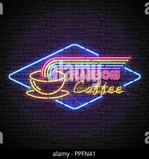 Shining and glowing rainbow neon coffee sign in blue frame. Stock Vector