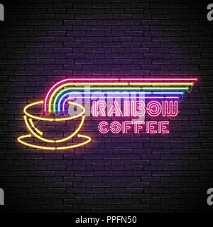 Shining and glowing rainbow neon coffee sign. Stock Vector