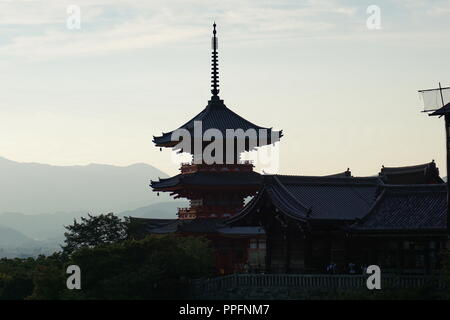Kyoto, Japan - August 01, 2018: the three storied pagoda of Kiyomizu-dera Buddhist Temple, a UNESCO World Cultural Heritage site, viewed from the Koya Stock Photo