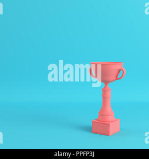 Trophy cup on bright blue background in pastel colors. Minimalism concept. 3d render