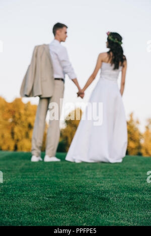 back view of young wedding couple holding hands and standing on green lawn Stock Photo