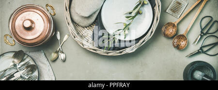 Food cooking minimalistic background over grey background, wide composition Stock Photo