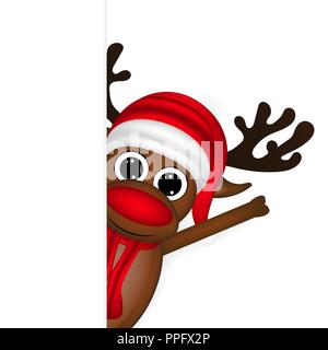 Reindeer peeking over side of an empty banner on a white background Stock Vector