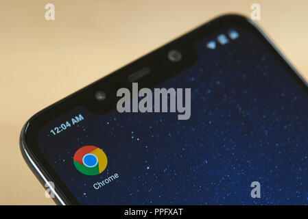 New york, USA - september 24, 2018: Google chrome icon on smartphone screen close up Stock Photo