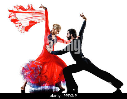 one caucasian man and woman couple ballroom tango salsa dancer dancing in studio silhouette isolated on white background Stock Photo