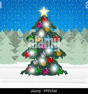 decorated Christmas tree in the forest Stock Vector