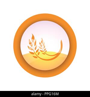 Farm Emblem with Ear of Wheat on Field Background - Vector Logo isolated on white. Stock Vector