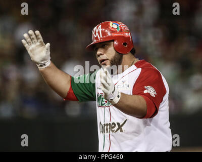 Luis Juarez de Mexico celebra imparable , durante el segundo partido semifinal de la Serie del Caribe en el nuevo Estadio de  los Tomateros en Culiaca Stock Photo