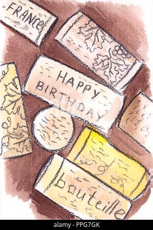 Hand drawing of a watercolor greeting with a birthday Stock Photo