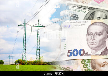 electric network on the background of Ukrainian money hryvnia. The concept and symbol of raising prices and tariffs for electricity Stock Photo