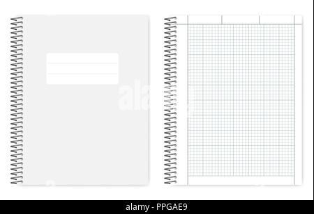 Wire bound quad ruled cross section notebook, realistic vector mockup. Metal spiral binding note book, mock up. Loose leaf letter format copybook Stock Vector