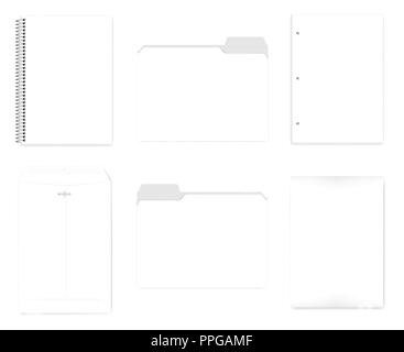 A4 set - wire bound notebook, file folders with cut tab, hole punched filler paper for 3 ring binder, envelope with reusable clasp, realistic mock up Stock Vector