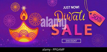 Sale Banner for Happy Diwali, just now 50 percent discount card for indian festival of lights with symbol of oil lamp and fire. Perfect for advertise, posters, flyers, backgrounds.Vector illustration. Stock Vector