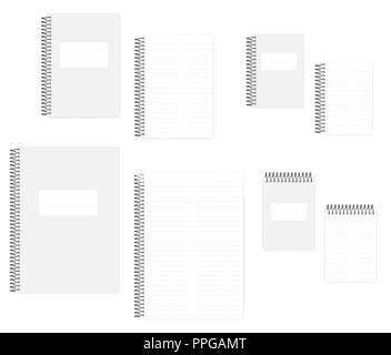 Two column dashed line notebook with tear off sheets, realistic vector mockup set. A4, A5, A6 size. Wire bound notepads, mock up Stock Vector