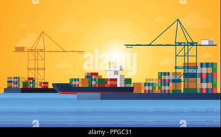 Cargo sea port with cargo freight ships and harbour port cranes also city. Vector Flat design Stock Vector