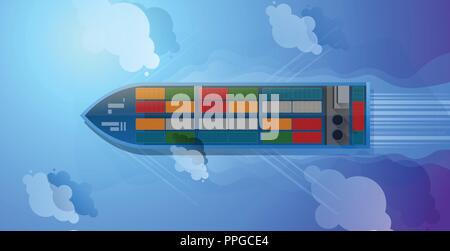 Container ship. Aerial top view. Cargo to harbor. Vector illustration flat design Stock Vector