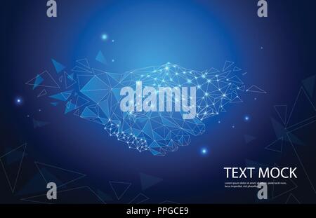 Business handshake lines and triangles, point connecting network on blue background. Illustration vector Stock Vector