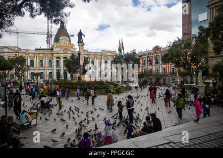 LA PAZ, BOLIVIA - JANUARY 12, 2018: Unidentified people on the street of La Paz, Bolivia. At an elevation of 3650 m La Paz is the highest capital city Stock Photo