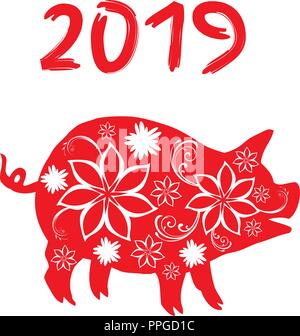 vector illustration of a floral pig 2019 Chinese calendar. New Year symbol. Stock Vector