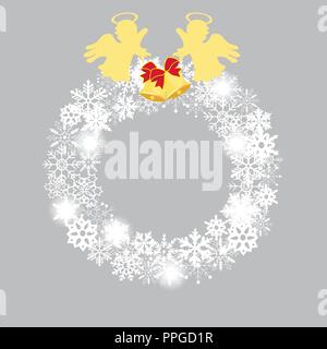 vector illustration of a snowflake wreath with angels. Christmas, holiday background. Stock Vector
