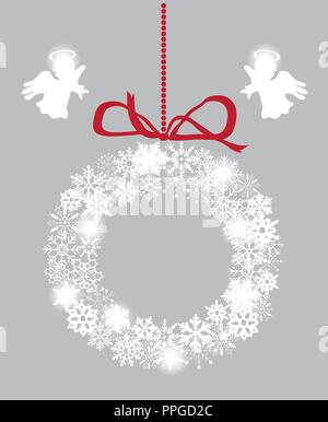 vector illustration of a snowflake wreath with angels. Christmas, holiday background. Stock Vector