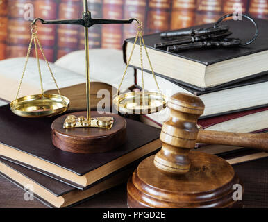 Law concept: Wood gavel, bunch of keys, scales and stack of old books against the background of a row of antique books bound in leather Stock Photo