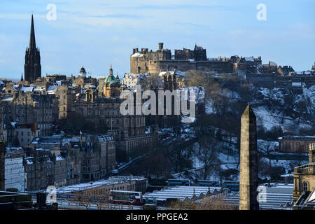 Edinburgh Castle and city skyline in snow from Calton Hill, Edinburgh, Scotland Stock Photo