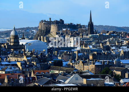 Edinburgh Castle and city skyline in snow from Salisbury Crags, Edinburgh, Scotland Stock Photo