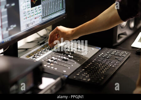 Music recording and mixing at home studio. Selective focus. Stock Photo