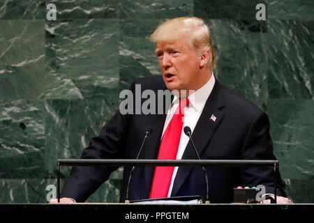(180925) -- UNITED NATIONS, Sept. 25, 2018 (Xinhua) -- U.S. President Donald Trump addresses the General Debate of the 73rd session of the United Nations General Assembly at the UN Headquarters in New York, on Sept. 25, 2018. (Xinhua/Li Muzi) Stock Photo
