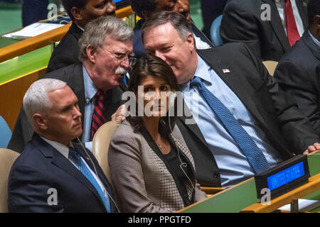 New York, USA, 25 September 2018. US Vice-President Mike Pence, UN Ambassador Nikki Haley, National Security Advisor John Bolton and Secretary of State Mike Pompeo sit at the United Nations General Assembly as they await the speech by President Donald Trump. Photo by Enrique Shore Credit: Enrique Shore/Alamy Live News Stock Photo