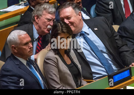 New York, USA, 25 September 2018. US Vice-President Mike Pence, UN Ambassador Nikki Haley, National Security Advisor John Bolton and Secretary of State Mike Pompeo sit at the United Nations General Assembly as they await the speech by President Donald Trump. Credit: Enrique Shore/Alamy Live News Stock Photo