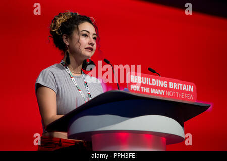 Liverpool, UK. 26th September 2018. Gemma Bolton, Chief Scrutineer, speaks at the Labour Party Conference in Liverpool. © Russell Hart/Alamy Live News. Stock Photo