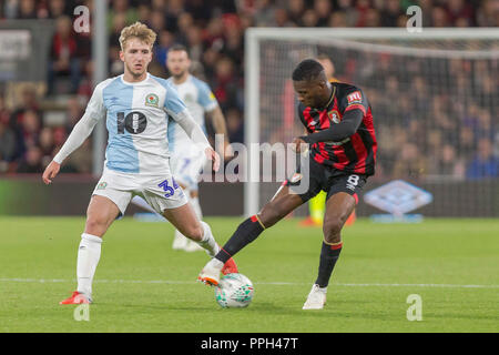 Jefferson Lerma of Bournemouth with Daniel Butterworth of Blackburn Rovers keeping a close eye on him during the EFL Carabao Cup 3rd round match between AFC Bournemouth and Blackburn Rovers at the Vitality Stadium, Bournemouth, England on 25 September 2018. Photo by Simon Carlton.  Editorial use only, license required for commercial use. No use in betting, games or a single club/league/player publications. Stock Photo