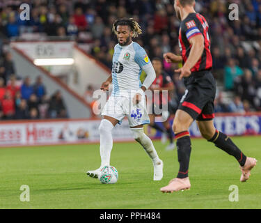 Kasey Palmer of Blackburn Rovers with Simon Francis of Bournemouth in close attendance during the EFL Carabao Cup 3rd round match between AFC Bournemouth and Blackburn Rovers at the Vitality Stadium, Bournemouth, England on 25 September 2018. Photo by Simon Carlton.  Editorial use only, license required for commercial use. No use in betting, games or a single club/league/player publications. Stock Photo