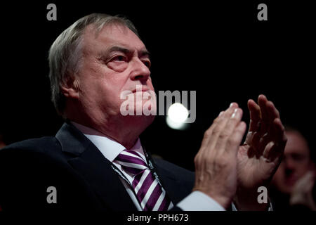 Liverpool, UK. 26th September 2018. Former Deputy Prime Minister John Prescott applauds Jeremy Corbyn's speech at the Labour Party Conference in Liverpool. © Russell Hart/Alamy Live News. Stock Photo
