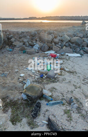 Ras Al Khaimah, Ras Al Khaimah, United Arab Emirates. 8th Sep, 2018. Plastic bags and plastic bottles seen at the Al Jazirah beach.Al Jazirah beach is located near the upmarket residential area of Al Hamra Village in Ras Al Khaimah. The beach is littered with plastic bags, plastic bottles, fish nets, fishing lines, construction wood, dead fish and even a dead turtle. The area has become a dumping ground for unwanted human and construction waste over the last few years. Credit: Mike Hook/SOPA Images/ZUMA Wire/Ģ����ý Live News Stock Photo