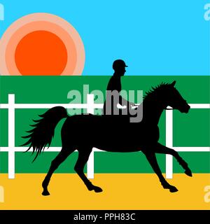 Rider horseback in the riding hall under the rising sun Stock Vector