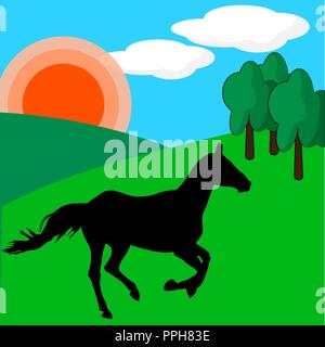 Horse on green meadow in the rolling hills under the sun Stock Vector