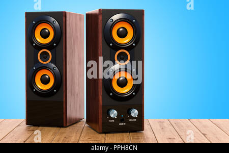 Computer Speakers on the wooden table, 3D rendering Stock Photo