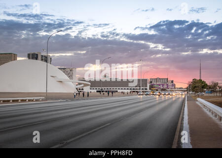 Monumental Axis Avenue and National Museum at sunset - Brasilia, Brazil Stock Photo