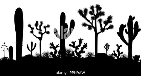 Desert seamless pattern with silhouettes of joshua trees, opuntia, and saguaro cacti. Black and white background. Vector illustration Stock Vector